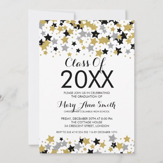 卒業エレガント金ゴールドシルバーグリッタースター 招待状 (正面)