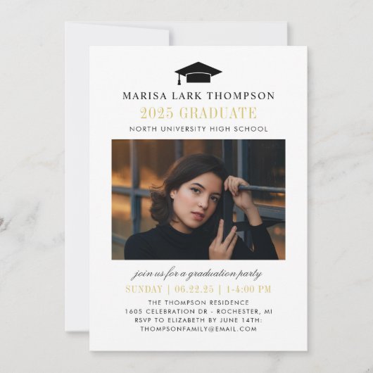 卒業エレガント黒と金ゴールド写真卒業 招待状 (正面)