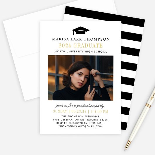 卒業エレガント黒と金ゴールド写真卒業 招待状