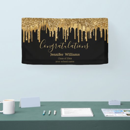 卒業エレガント黒金ゴールド滴下グリッター 横断幕 (トレードショー)