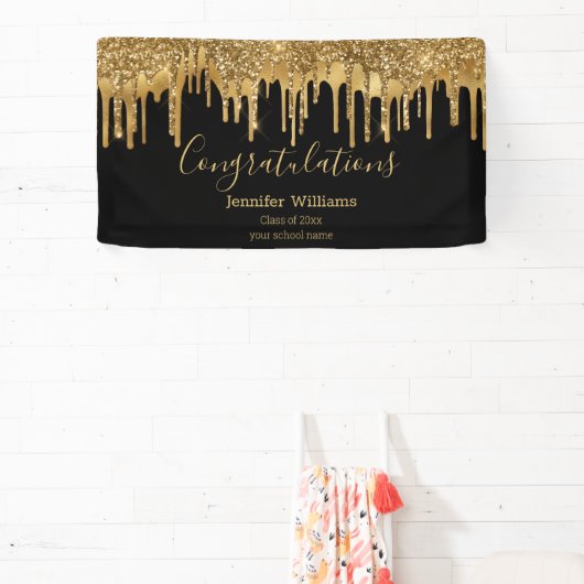 卒業エレガント黒金ゴールド滴下グリッター 横断幕 (インサイチュ)