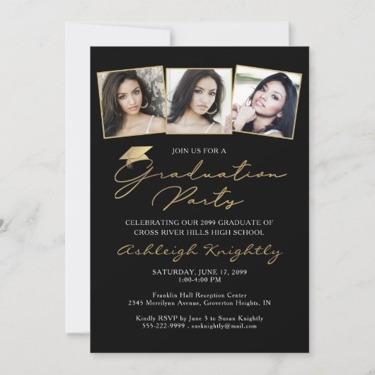 卒業エレガント3枚フォトブラック金ゴールドスクリプトキャップ 招待状 (正面)