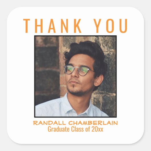 卒業オレンジブラックの写真カスタムありがとう スクエアシール (正面)