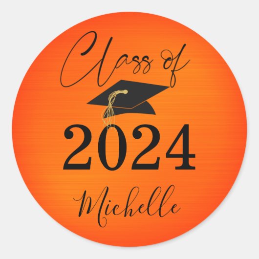 卒業オレンジブラックキャップスクリプフェイクト金属 ラウンドシール (正面)