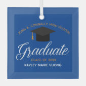 卒業カスタムブルー金ゴールド卒業式クリスマス ガラスオーナメント (正面)