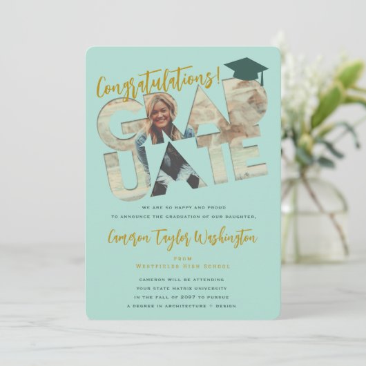 卒業カッコいい切り出し写真モダン卒業会 招待状 (スタンド正面)