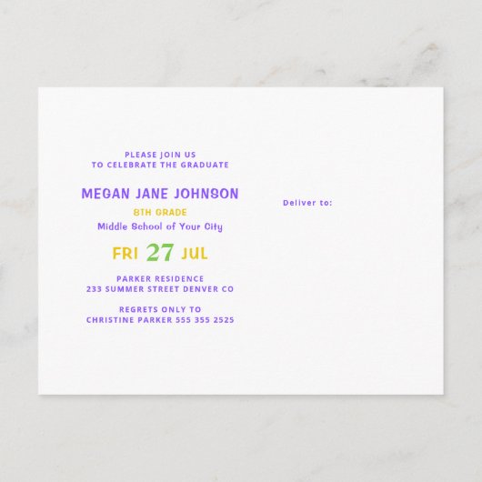 卒業カラフル中学校の卒業写真 インビテーションポストカード (裏面)