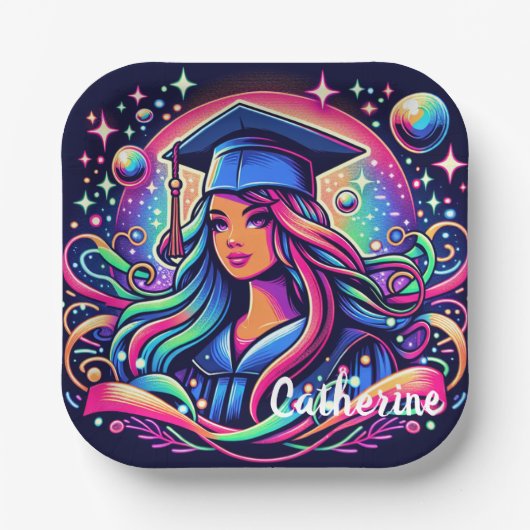 卒業ガールインネオンカラーカスタム ペーパープレート (正面)