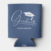 卒業キャップで青で卒業 缶クーラー (正面)