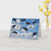 卒業キャップとお金を空に カード (黄色い花)