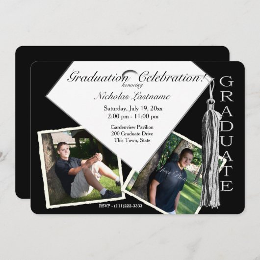 卒業キャップとタッセルと写真 招待状 (正面/裏面)
