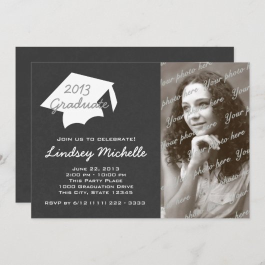 卒業キャップと石板写真 招待状 (正面/裏面)