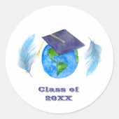 卒業キャップと羽を備えた水彩世界 ラウンドシール (正面)