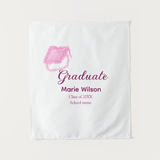 卒業キャップに名前とクラス名を追加 ピンク グリッター タペストリー (正面)