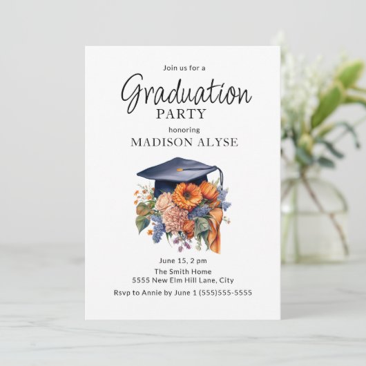 卒業キャップオレンジ秋フローラ写真卒業 招待状 (スタンド正面)