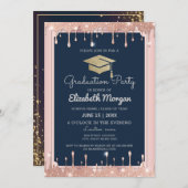 卒業キャップグリッターバラ金ゴールドドリップスネイビーブルー 招待状 (正面/裏面)