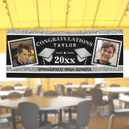 卒業キャップシルバーとブラックおめでとう 横断幕