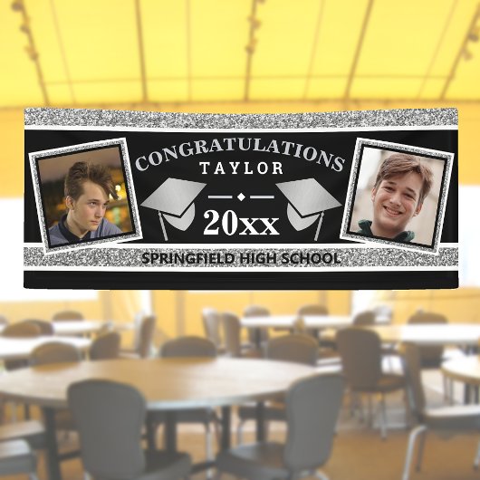 卒業キャップシルバーとブラックおめでとう 横断幕