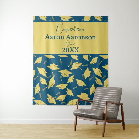 卒業キャップスオフィシャルブルー&金ゴールドパーティー タペストリー (インサイチュ)
