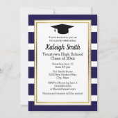 卒業キャップストライプのパーティー付きブルーホワイト 招待状 (正面)