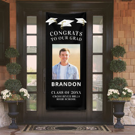 卒業キャップトスおめでとうGRADフォトブラック 横断幕