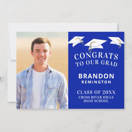 卒業キャップトスフォトロイヤルブルーとホワイト 案内状 (正面)