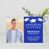 卒業キャップトスフォトロイヤルブルーとホワイト 案内状 (スタンド正面)