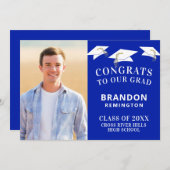 卒業キャップトスフォトロイヤルブルーとホワイト 案内状 (正面/裏面)