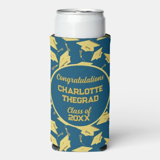 卒業キャップパーティーおめでとうブルー&金ゴールド スリム缶クーラー (Seltzer正面)