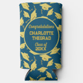 卒業キャップパーティーおめでとうブルー&金ゴールド スリム缶クーラー (正面)