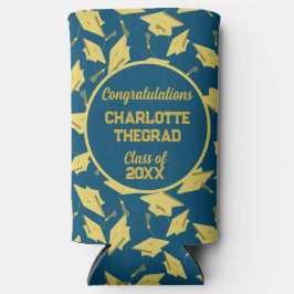 卒業キャップパーティーおめでとうブルー&金ゴールド スリム缶クーラー