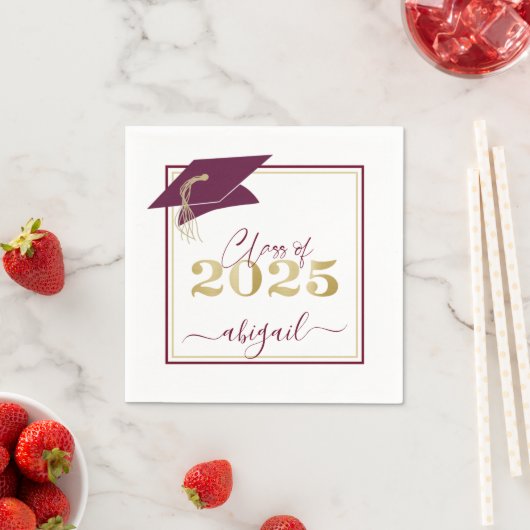 卒業キャップマルーン金ゴールドスクリプトクラス2025 スタンダードカクテルナプキン (インサイチュ)