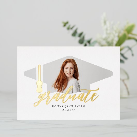 卒業キャップモダンミニマリスト4枚/縦 箔招待状 (立ち正面)