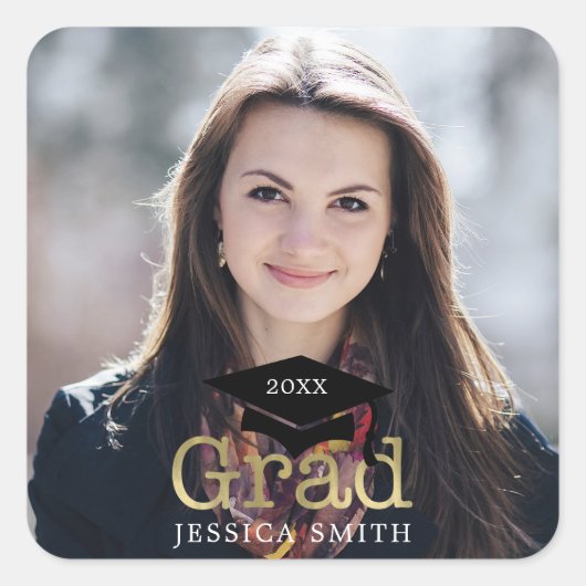 卒業キャップモダン写真 スクエアシール (正面)