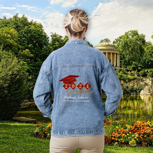 卒業キャップレッド金ゴールド パーソナライズされた デニムジャケット