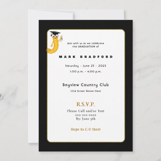 卒業キャップ卒業証書を有する卒業ブックワーム 招待状 (裏面)