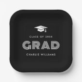 卒業キャップ学生の卒業生の名前クラスブラック ペーパープレート (正面)