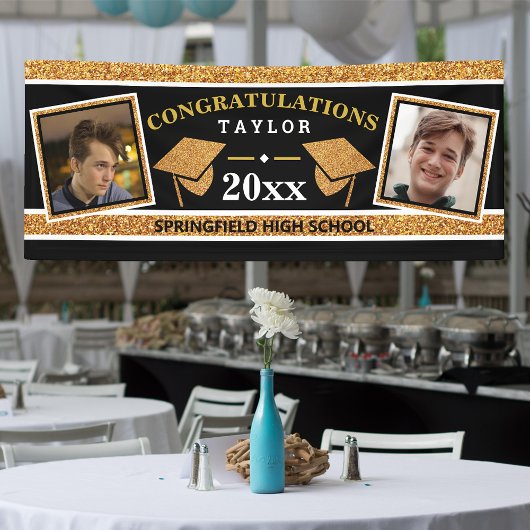 卒業キャップ金ゴールドとブラックおめでとう 横断幕