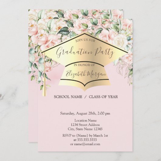 卒業キャップ、バラライトピンク卒業 招待状 (正面/裏面)