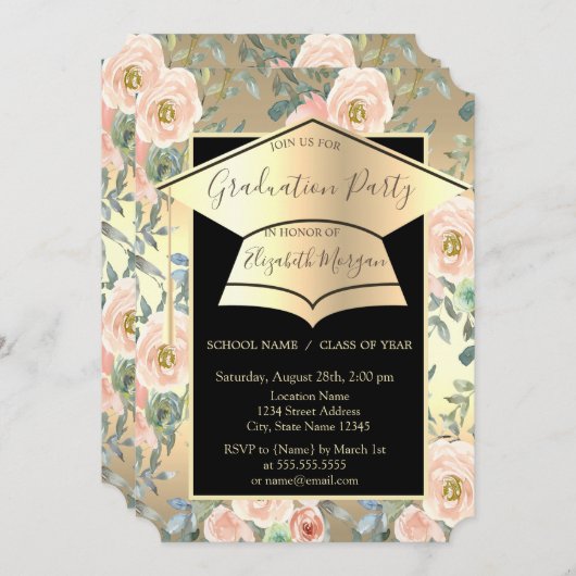 卒業キャップ、花バラ金ゴールド卒業 招待状 (正面/裏面)