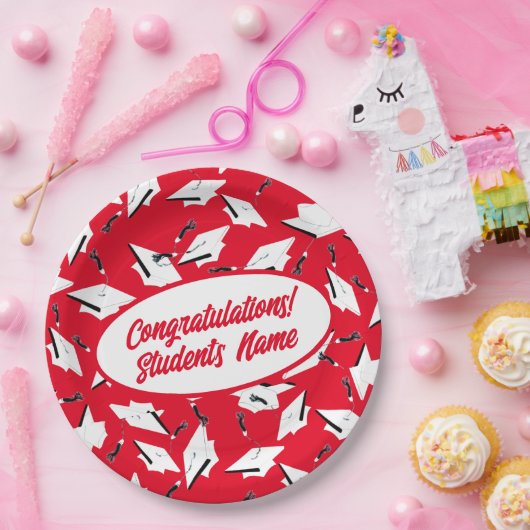 卒業キャッ赤と白プパーソナライズされたパーティー ペーパープレート (パーティー)