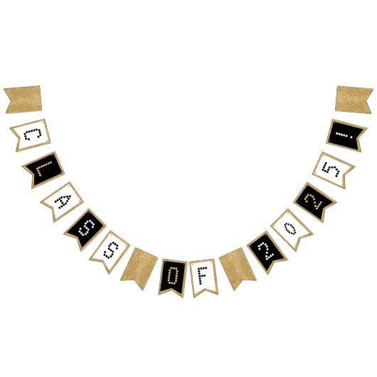 卒業クラスの白黒と金ゴールドグリッター バンティングフラッグ (全)