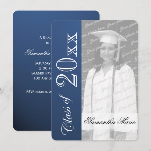 卒業クラスの青い卒業写真 招待状 (正面/裏面)