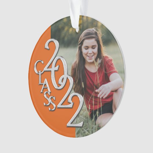 卒業クラス2022フォトオレンジ色のシルバーオーナメント オーナメント (正面)
