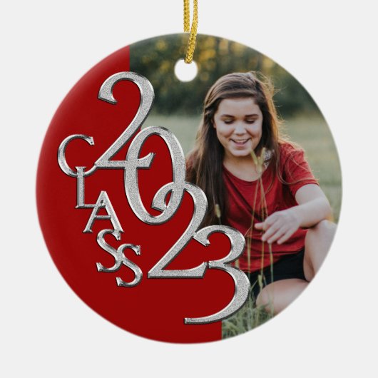 卒業クラス2023フォトレッドシルバー セラミックオーナメント (正面)