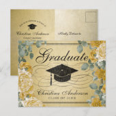 卒業グラッドキャップ金ゴールドバラフローラ インビテーションポストカード (正面/裏面)