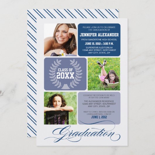 卒業グラデーションパーティ招待状（海軍）をブロック 招待状 (正面/裏面)