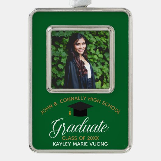 卒業グリーンカスタム金ゴールド2025年卒業写真 シルバープレートフレームオーナメント (正面)