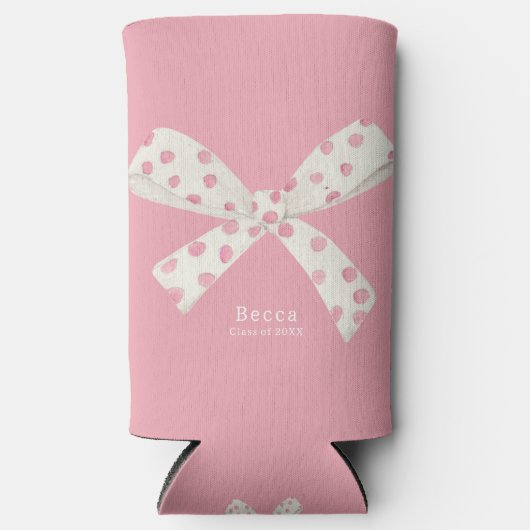 卒業コケットホワイト&ピンクボウパーソナライズされた スリム缶クーラー (正面)