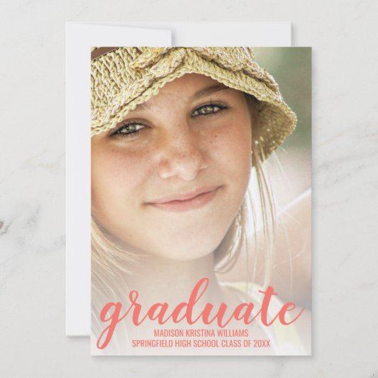 卒業コーラルピンクのスクリプトホワイトオーバーレイ写真 案内状 (正面)